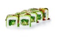 Sushi rolls with avocado, hiyashi wakame, cucumbers, lettuce dressed with unagi sauce and sesame Royalty Free Stock Photo