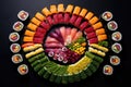 sushi rolls with colorful toppings arranged neatly