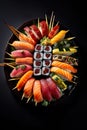 Sushi rolls cut in half, revealing colorful fillings