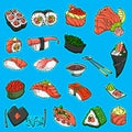 Asian Food collection. Sushi. Sketch style. Vector hand drawn illustration. Isolated objects for design