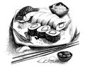 Sushi rolls hand drawn engraving sketch Restaurant business concept Royalty Free Stock Photo