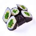 Sushi rolls with hiashi seaweed. Vegetarian maki rolls. Low calorie meal. Japanese food. Asian cuisine. White background