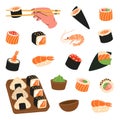 Sushi rolls. Japanese cuisine. Ikura sushi, tobiko maki, onigiri, shrimp nigiri, tekkamaki tuna roll, futomaki, sake Royalty Free Stock Photo