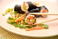 Sushi rolls japanese dish asiatic food white rice vegetables