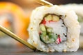 Sushi rolls. Japanese food in restaurant. Sushi roll set california with salmon Royalty Free Stock Photo