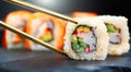 Sushi rolls. Japanese food in restaurant. Sushi roll set california Royalty Free Stock Photo