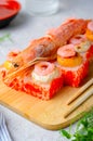 Sushi Rolls with Langoustine and Shrimps, Baked Sushi Rolls Seafood and Crab, Cream Cheese Topped Royalty Free Stock Photo