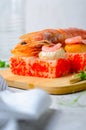 Sushi Rolls with Langoustine and Shrimps, Baked Sushi Rolls Seafood and Crab, Cream Cheese Topped Royalty Free Stock Photo