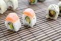 Sushi rolls lies on a bamboo straw serwing mat. Traditional Asian food. Shallow depth of field