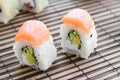 Sushi rolls lies on a bamboo straw serwing mat. Traditional Asian food. Shallow depth of field