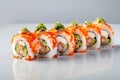 Sushi rolls on light background. Fresh and tasty sushi rolls, Japanese cuisine, traditional delicious Japanese dish. Sushi, rolls