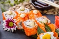 Sushi Rolls - Maki Sushi sashimi decorated with flowers. Japanese cuisine. Selective focus. Royalty Free Stock Photo