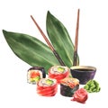 Sushi rolls with nory leaf, wasabi, ginger, chopsticks and soy sauce. Watercolor illustration, Isolated on white