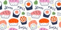 Sushi rolls pattern, seafood illustration, philadelphia, maki and nigiri, yummi japanese food with salmon and shrimp