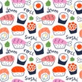 Sushi rolls pattern, seafood illustration, philadelphia, maki and nigiri, yummi japanese food with salmon and shrimp