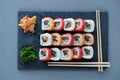 roll sushi with salmon, prawn, avocado, cream cheese. Sushi menu