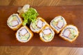 Sushi rolls plate, sushi rolls are traditional Japanese seafood, close up photo. Royalty Free Stock Photo