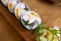 Sushi rolls plate, sushi rolls are traditional Japanese seafood, close up photo. Royalty Free Stock Photo