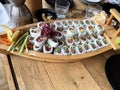 Sushi rolls with prawn, avocado, tuna, fish. Sushi menu. Japanese food