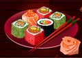 Sushi rolls on red plate, vector Royalty Free Stock Photo