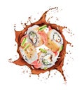 Sushi rolls rotate in splashes of soy sauce on white background