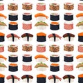 Sushi rolls sashimi seafood fish rice seamless pattern background japanese food fresh soy sauce japan meal maki raw Royalty Free Stock Photo