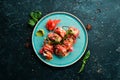 Sushi rolls with seafood are cooked in tempura. Japanese food. Top view. Rustic style Royalty Free Stock Photo