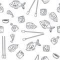 Sushi and rolls seamless pattern. Hand drawn sketch Japanese foo Royalty Free Stock Photo