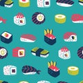 Sushi and Rolls Seamless Pattern. Japanese Food Background