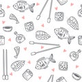 Sushi and rolls seamless pattern. Sushi texture. Hand drawn sketch Japanese food seamless background with hearts