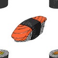 Sushi, rolls seamless pattern. Vector illustration japanese food sushi seamless pattern. Hand drawn sushi rolls Royalty Free Stock Photo