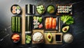 Sushi rolls set on a black sushi plate. Royalty Free Stock Photo