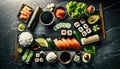 Sushi rolls set on a black sushi plate. Royalty Free Stock Photo