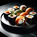 Sushi rolls set on a black sushi plate. Royalty Free Stock Photo