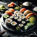 Sushi rolls set on a black sushi plate. Royalty Free Stock Photo