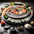 Sushi rolls set on a black sushi plate. Royalty Free Stock Photo