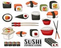 Sushi and rolls set. Japanese cuisine concept. Icons and objects for asian restaurant menu or advertisement. Royalty Free Stock Photo