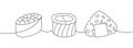 Sushi rolls set. Japanese cuisine, traditional food one line drawing. Ikura sushi, tobiko maki, philadelphia roll Royalty Free Stock Photo