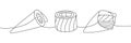 Sushi rolls set. Japanese cuisine, traditional food one line drawing. Sake hand roll, sake temaki, philadelphia sushi Royalty Free Stock Photo