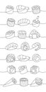 Sushi rolls set. Japanese traditional food one line drawing. Ikura sushi, tobiko maki, philadelphia roll, onigiri Royalty Free Stock Photo