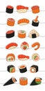 Sushi rolls set. Japanese traditional food one line drawing. Ikura sushi, tobiko maki, philadelphia roll, onigiri Royalty Free Stock Photo