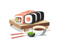 Sushi rolls set lying on the plank tasty delicious with wasabi a