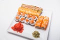 Sushi rolls set served on white plate Royalty Free Stock Photo