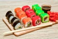 Sushi rolls set served on wooden tray Royalty Free Stock Photo