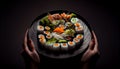 Sushi rolls set on a wooden plate in female hands illustration. Generative AI