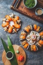 Sushi and rolls sets. Japonese food. top view Royalty Free Stock Photo
