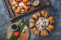 Sushi and rolls sets. Japonese food. top view Royalty Free Stock Photo