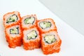 Sushi. Rolls with shrimp. Roll California with avocado. Japanese food. Healthy food is nicely laid out on a platter. Royalty Free Stock Photo