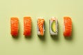 Sushi rolls on solid bright background, minimal concept. AI Generated