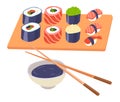 Sushi and rolls with soy sauce, japanese food Royalty Free Stock Photo